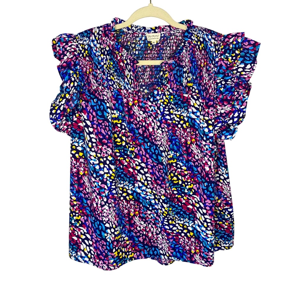 Shop The Mint XL Smocked Flutter Sleeve Abstract Leopard Print Blouse MultiColor